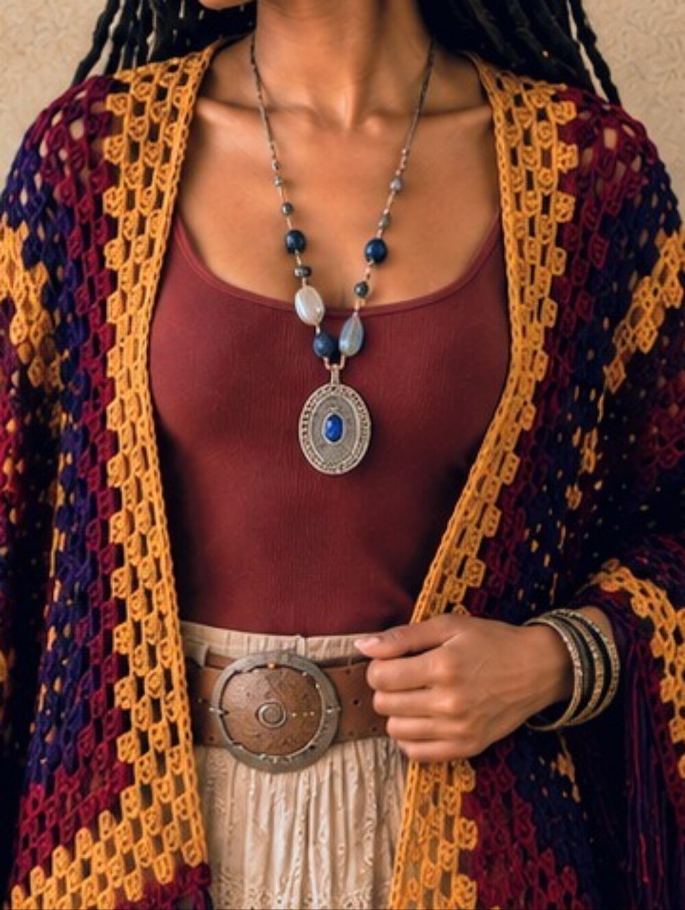 Chico's Blue Statement Beaded Cord Necklace | Silver Medallion